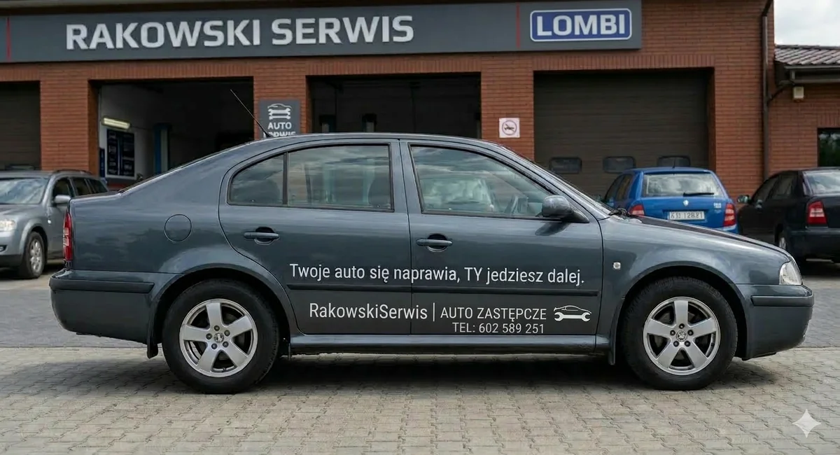 Samochód Rakowski Serwis przed budynkiem